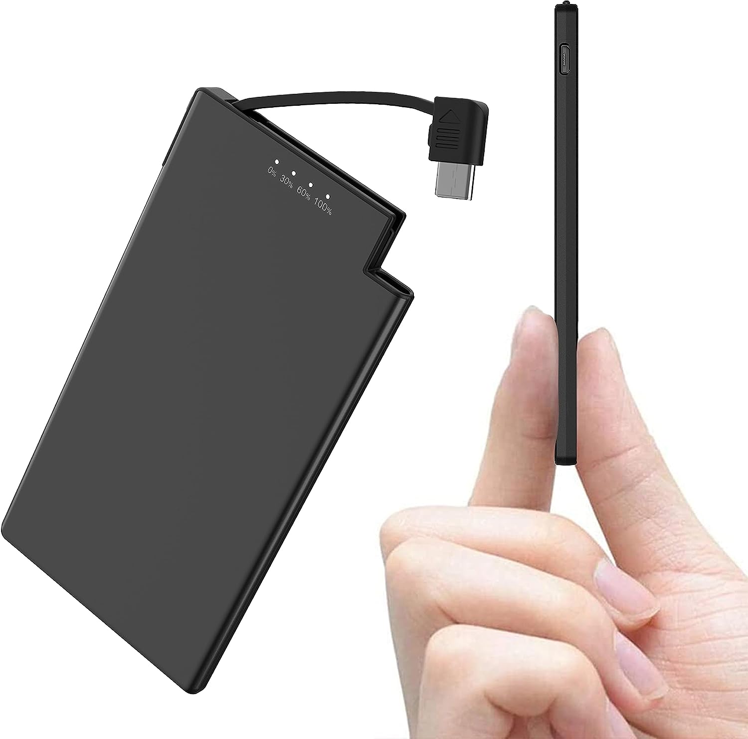 Powerbank USB C mit Kabel 0.68cm Ultra Slim - Schwarz